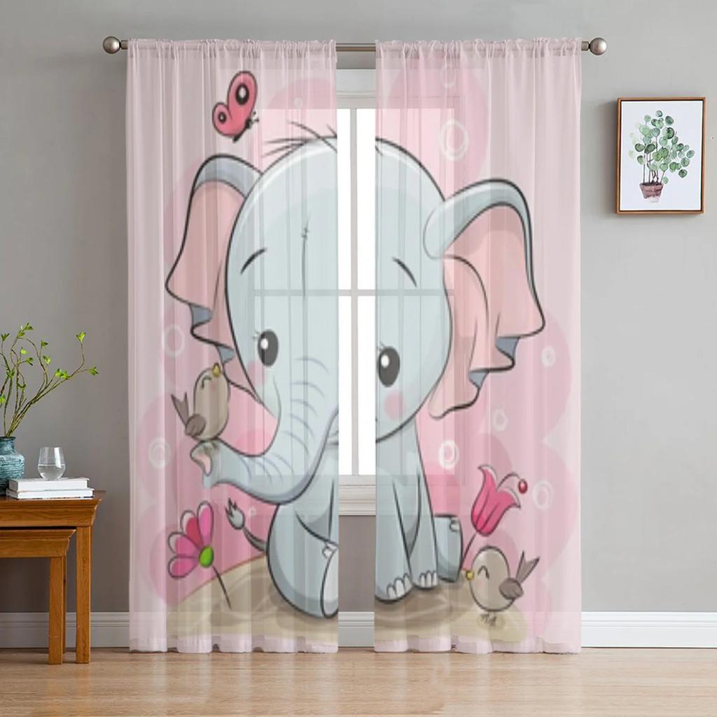 Cartoon Little Elephant With Star And Moon Sheer Curtains For Living Room Window Transparent Voile Tulle Curtain Bedroom Drapes