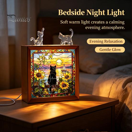 Wooden Photo Frame Base DIY Acrylic Cat Puzzles Night Light, Hand-Assembled Stained Glass Style Jigsaw Lamp with Personalized Handmade Presents Decor,