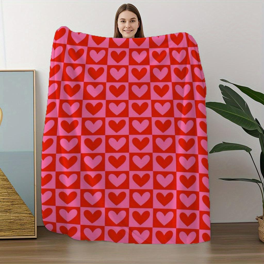 Red and Pink Heart and Plaid Print Flannel Throw Blanket Soft Warm and Cozy for Couch Bed Office or Camping All-Season Use