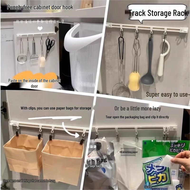 Sliding Track Hooks: No-Drill Kitchen Cabinet Door Storage Rack Gadget