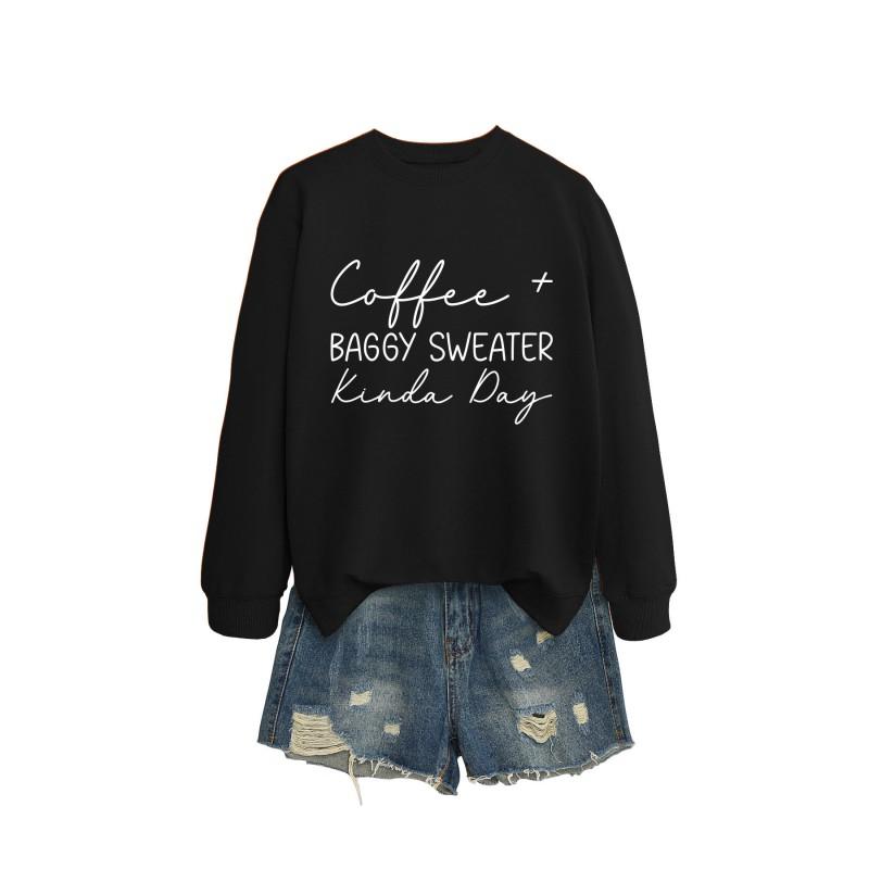 Womens Oversized Round Neck Long Sleeve Cotton Blend Casual Sweatshirt With Print - Loose Fit Comfort Top
