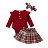 Factory 100% Cotton Baby Clothes Girls Summer College Style Baby Girl Romper Top Skirt Three Piece Set
