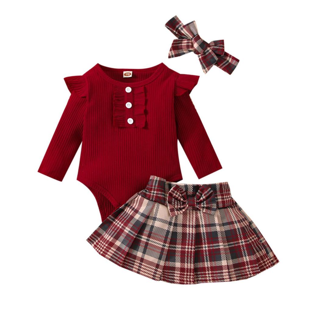 Factory 100% Cotton Baby Clothes Girls Summer College Style Baby Girl Romper Top Skirt Three Piece Set