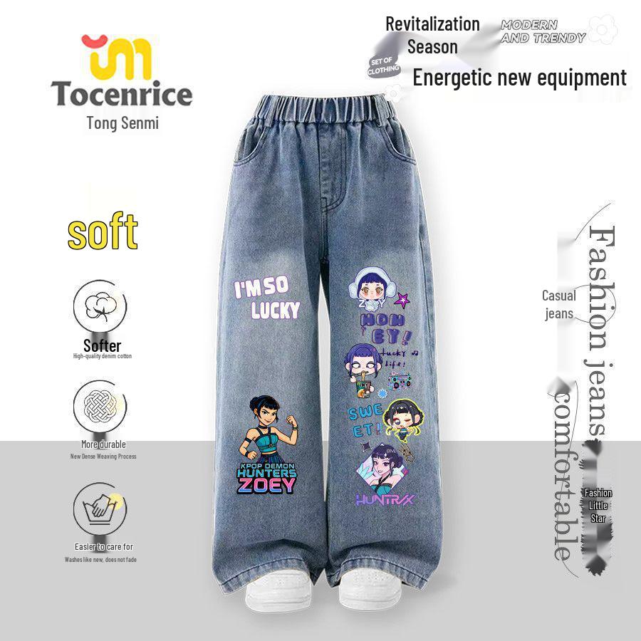 

Children s Fleece-Lined Demon Hunter Jeans – Thick, Versatile, Stylish Wide-Straight Leg Pants for Girls, Perfect for Autumn/Winter. 110 (Height 100-110cm)