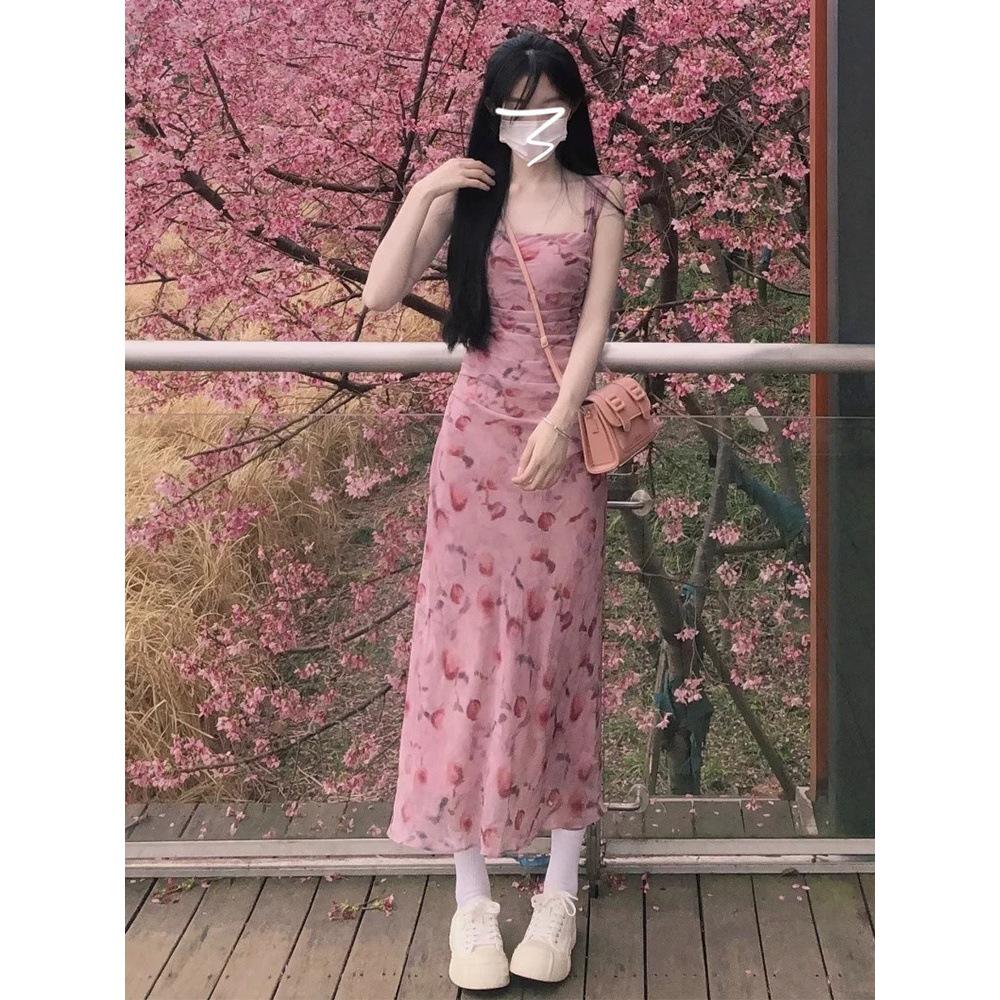 

Платье с квадратным вырезом и на бретелях-спагетти с принтом розовых роз для женщин - Элегантное осеннее платье с завышенной талией и длинной юбкой M