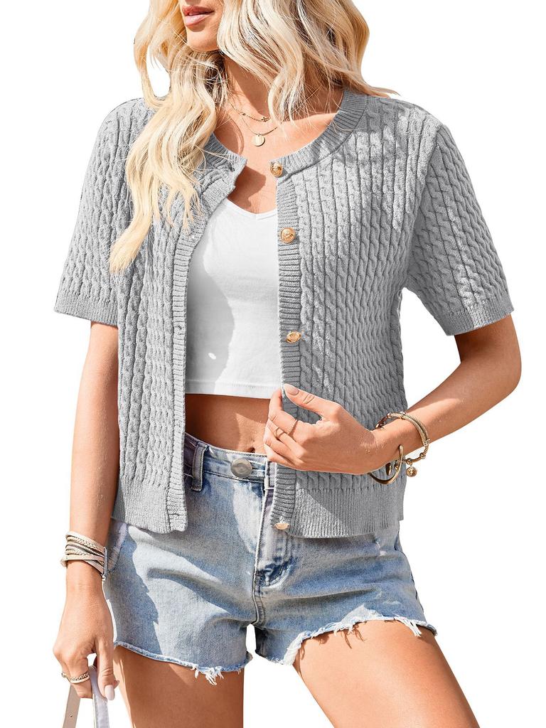 Women European Style Short Sleeve Button Front Cropped Round Neck Knitted Cardigan Sweater