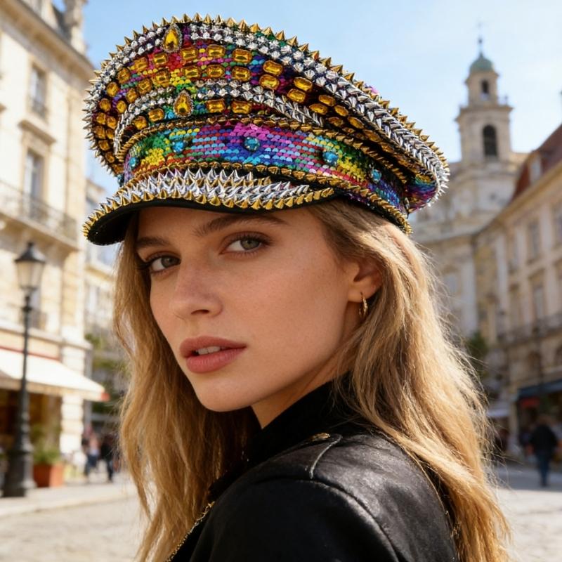 Stylish Rhinestones And Studded Flat Top Cap For Women Men Baseball Hat Fashionable Party Accessory With Adjustable Size