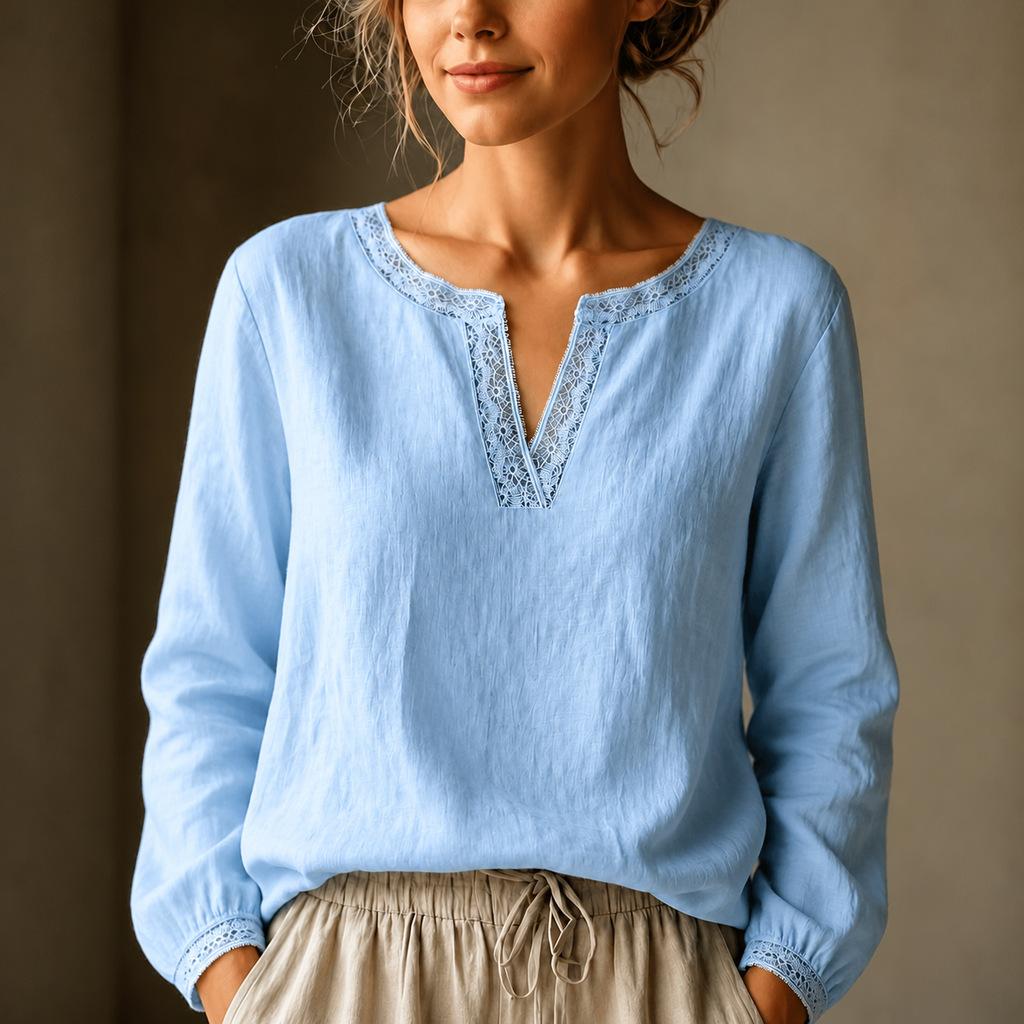 Women s Linen Long Sleeve Shirt Lace Trim V-Neck Loose Fit Blouse L