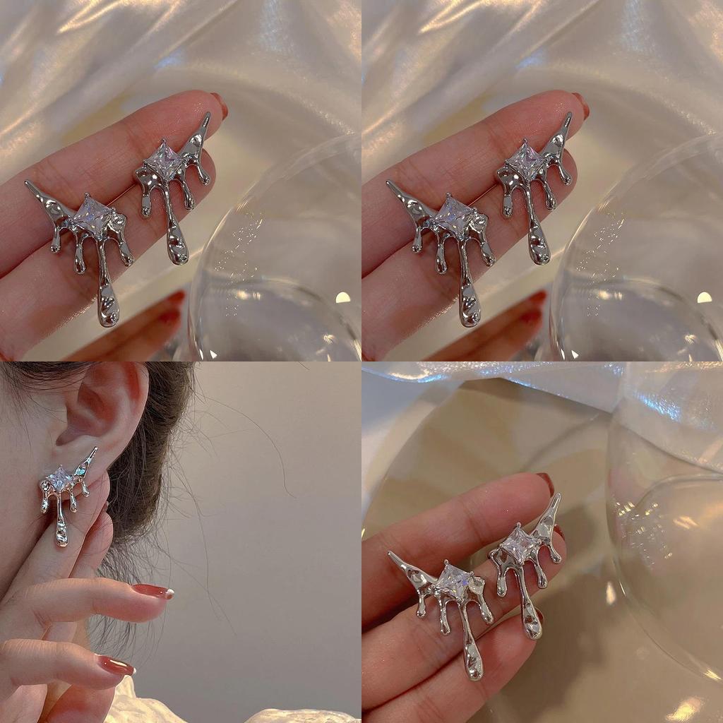 Stylish Asymmetric Teardrop Diamond Earrings Plated Geometric Studs For Women 2023