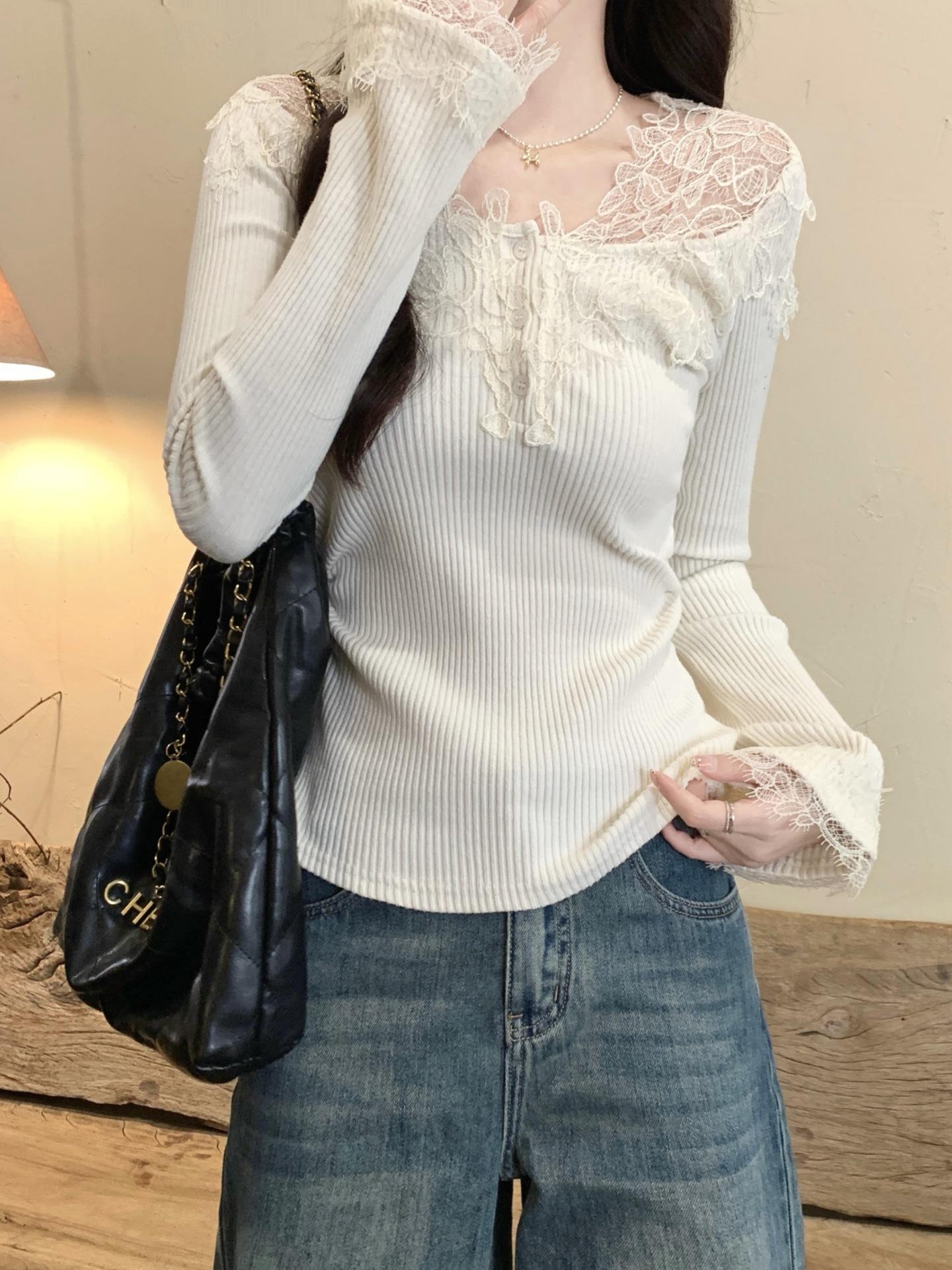 Pure Desire Lace Patchwork V-Neck Long Sleeve Waist-Cinching Slimming Winter Base Top for Women L абрикосовый