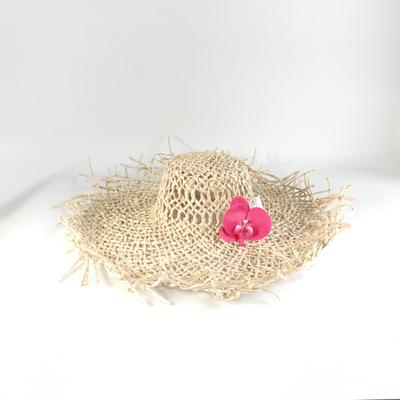 Franse Grote Brede Rand Maisbladeren Zonnehoed Dames Handgemaakte Strooien Strandpet met Roze Orchidee Bloemen Ruwe Rand Zomer Vakantie Zonnehoeden