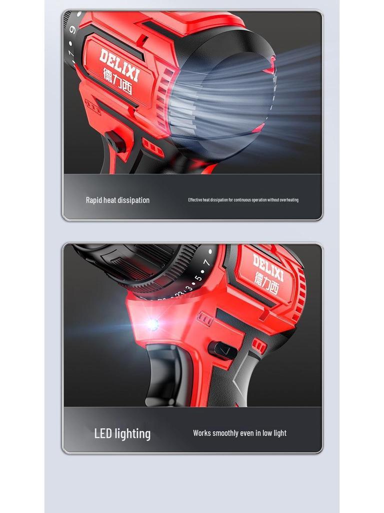 Delixi Cordless Brushless Handheld Drill, Rechargeable Multi-function Hammer Drill with Lithium Battery & Electric Screwdriver