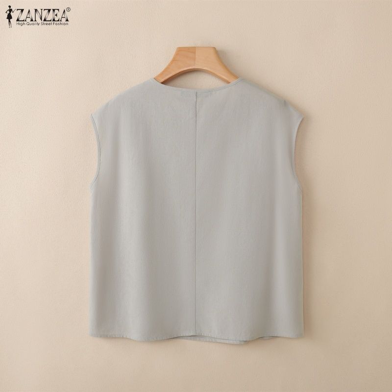 ZANZEA Women Casual Round Neck Solid Color Sleeveless Blouse