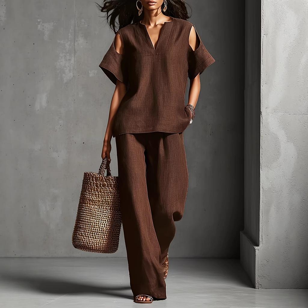 Women Blue Cold Shoulder Two Piece Set V Neck Short Sleeve Top and Wide Leg Pants Summer Casual Tracksuit