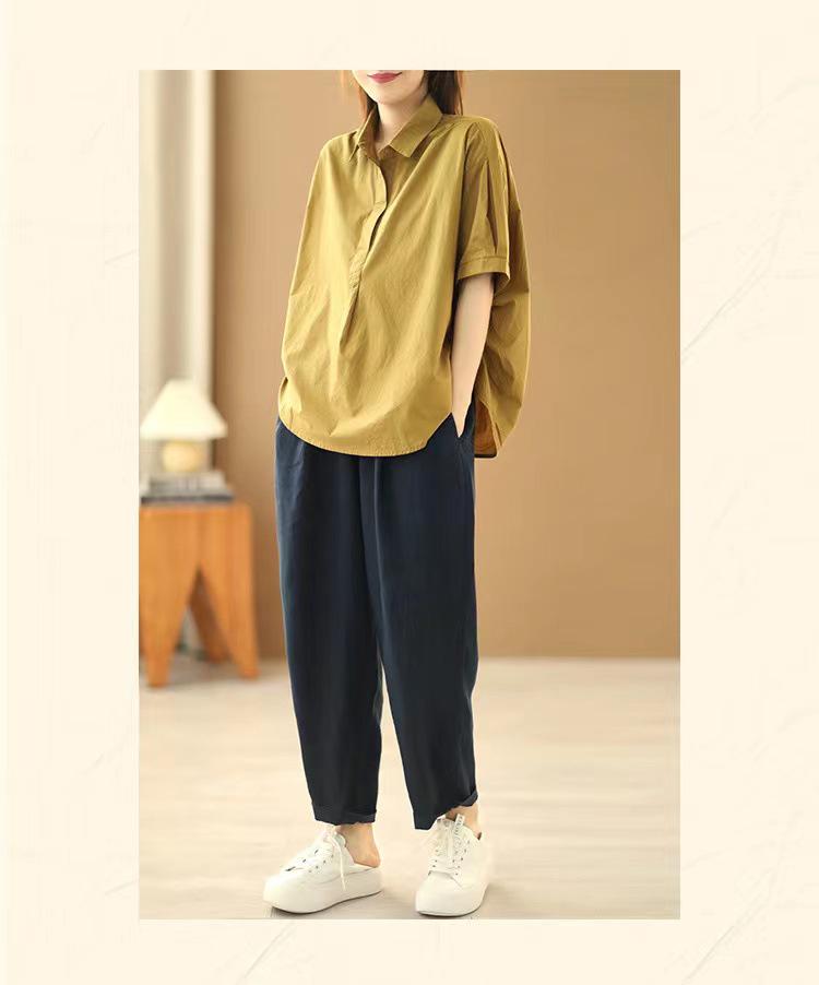 2026 Summer Retro Plus Size Loose Short Sleeve Casual Women's Shirt