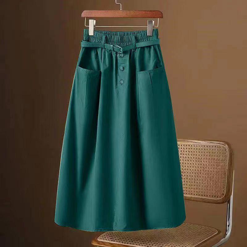 2024 Women's Elastic High Waist A-line Midi Skirt - Versatile Three-Button Casual Fashion