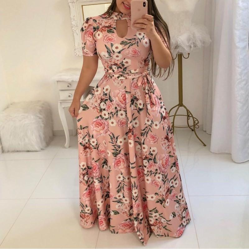 Women's Floral Print Long Sleeve Half High Neck A Line Maxi Dress Plus Size Party Evening Dress