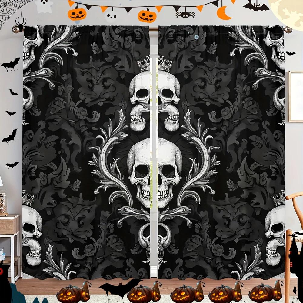 Set aus 2 Halloween Gothic Totenkopf-Print Vorhängen Stangentasche Heimdekorationen Zimmervorhang Polyester
