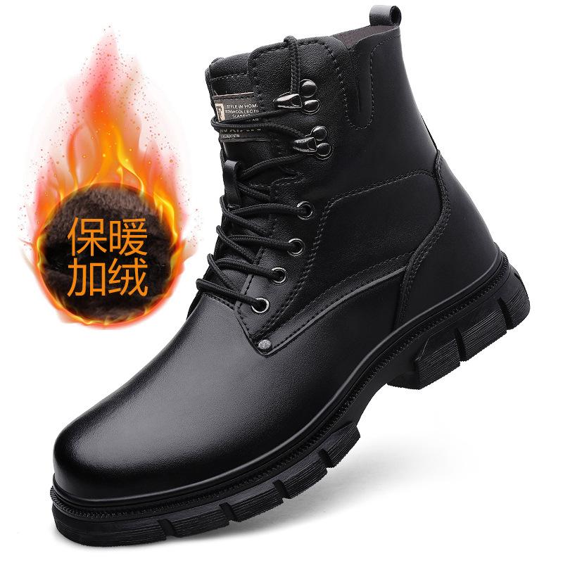 Fleece Martin Boots High-top Men's Shoes 2025 New Winter Real Cowhide Medium-help Tooling Boots Thick-soled Heightening Leather Boots
