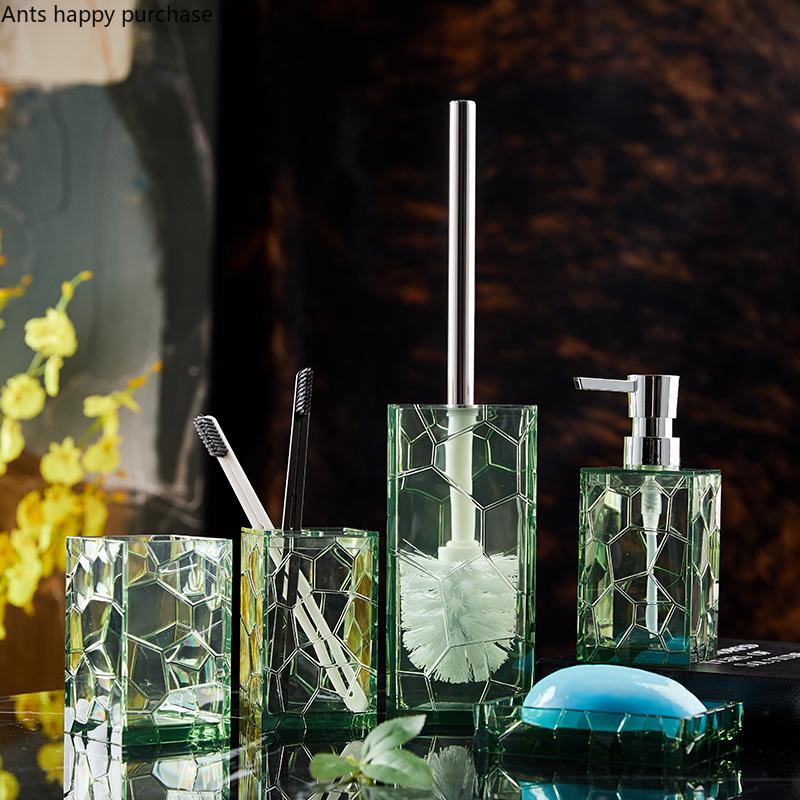 Transparent Plastic Bathroom 5-piece Set Home Square Toiletries Mouth Cup Toothbrush Holder Lotion Bottle Soap Dish Toilet Brush