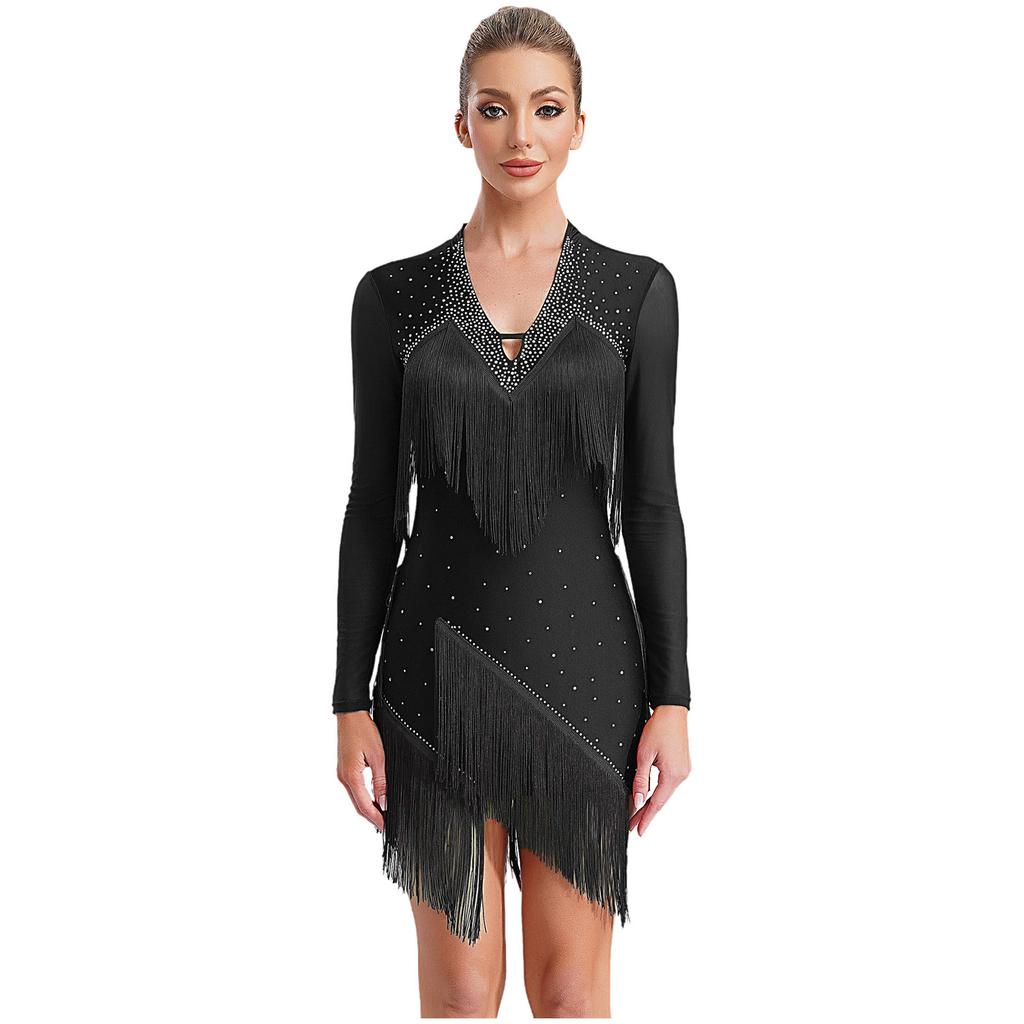 Vestido de dança latina feminino, decote em V, manga comprida, franjas brilhantes de strass, fantasia para apresentações de tango, rumba, cha cha