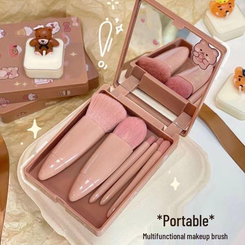Portable 5-Piece Makeup Brush Set with Mirror – Includes Eyeshadow and Powder Brushes