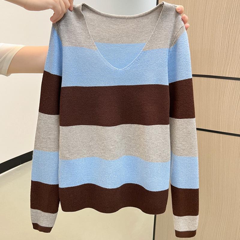Autumn and winter lazy style thin striped long-sleeved sweater knitted sweater top
