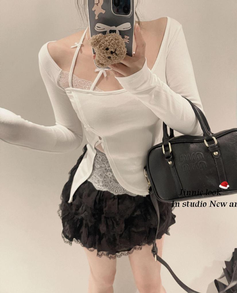 Spicy Girl Halterneck Lace Patchwork Long Sleeve Slim Fit Top - Autumn Winter