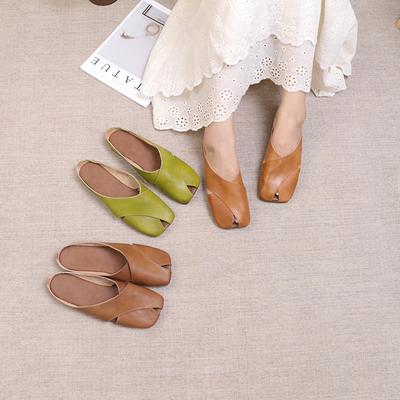 Genuine Leather Square Toe Peep Toe Slippers Women Shoes Casual Outside Slides Comfort Flats Slippers