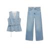 V Neck Sleeveless Waist Denim Vest 17071272 High Waist Loose Wide Legs Length Denim 17091272