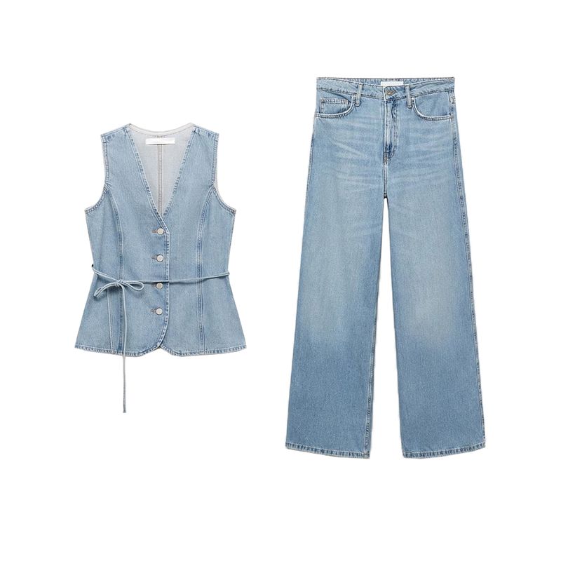 V Neck Sleeveless Waist Denim Vest 17071272 High Waist Loose Wide Legs Length Denim 17091272