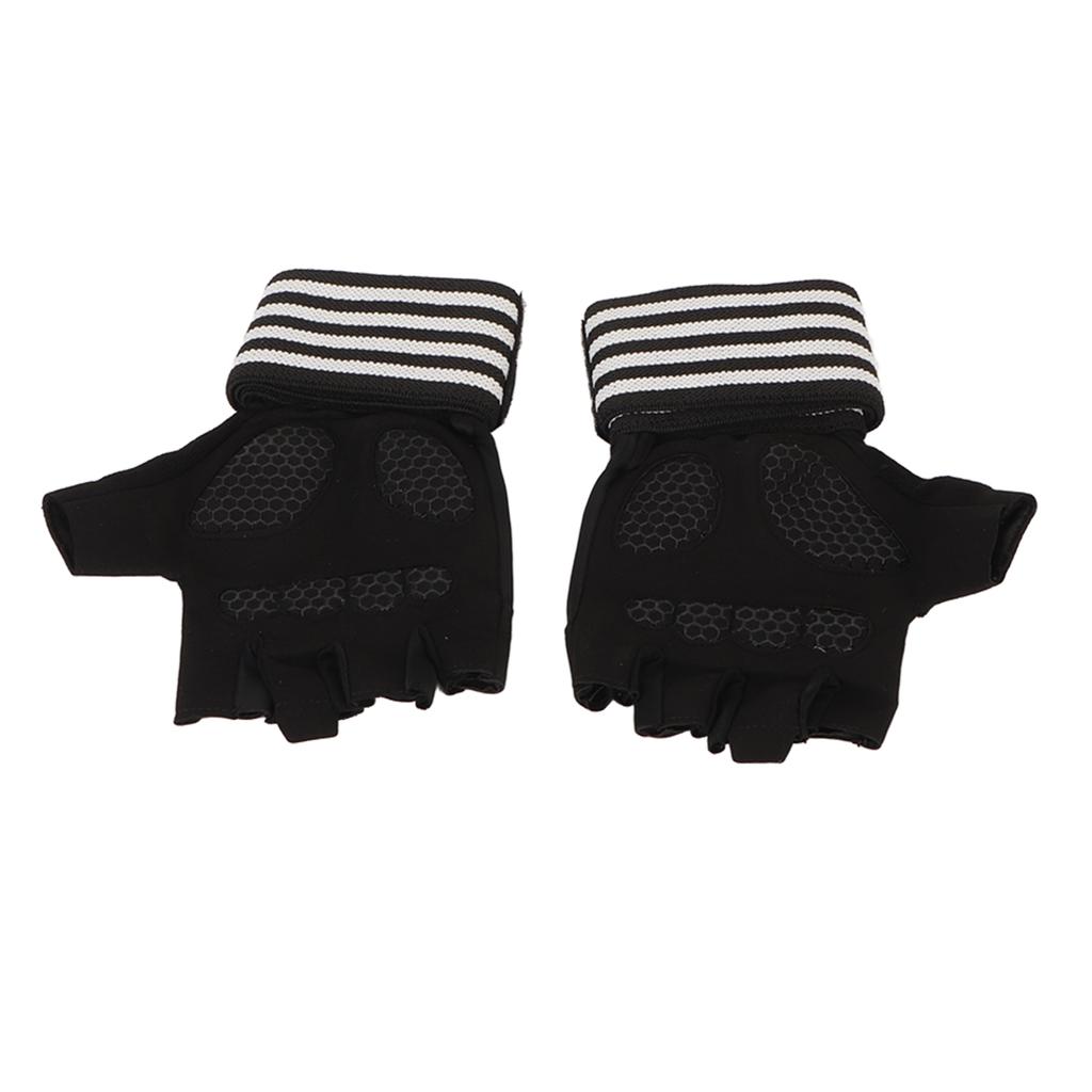 Black Workout Gloves Gym Fitness Weight Lifting Half Finger Gloves with Wrist Strap for Exercise Training L