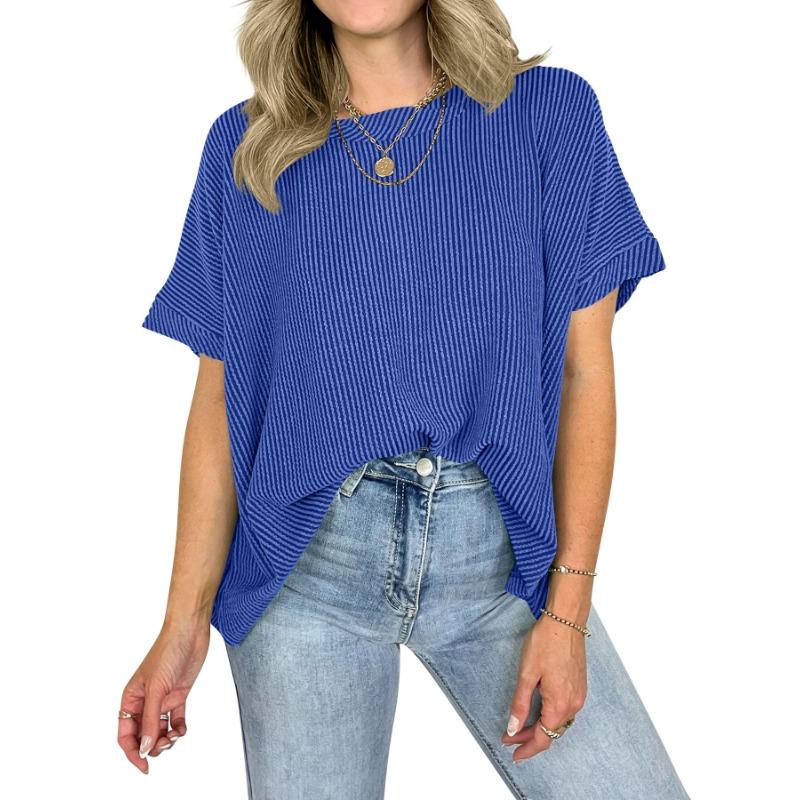 Loose Round Neck Batwing Sleeve Striped Pullover Short Sleeve Casual T Shirt