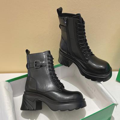 Moda Feminina Botas de Motocicleta Cunhas Sapatos Baixos Mulher Plataforma Botas de Couro Genuíno Com Cadarço Sapatos Femininos Botas Pretas Meninas