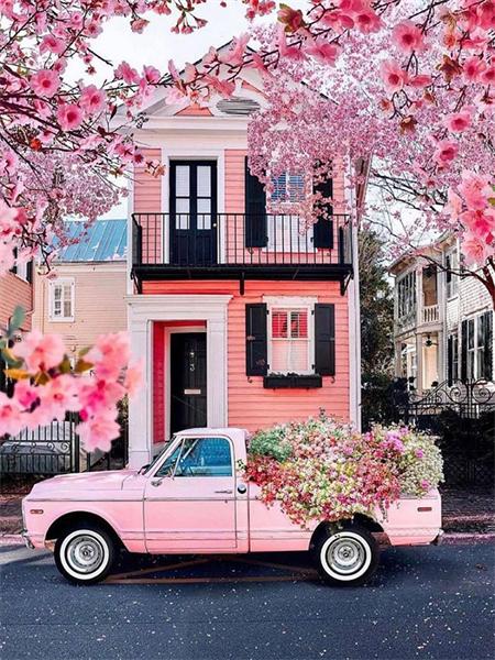 Full Square Round Diamond Painting Kit Cherry Blossoms Tree Diy Embroidery Mosaic Building Landscape Home Decor