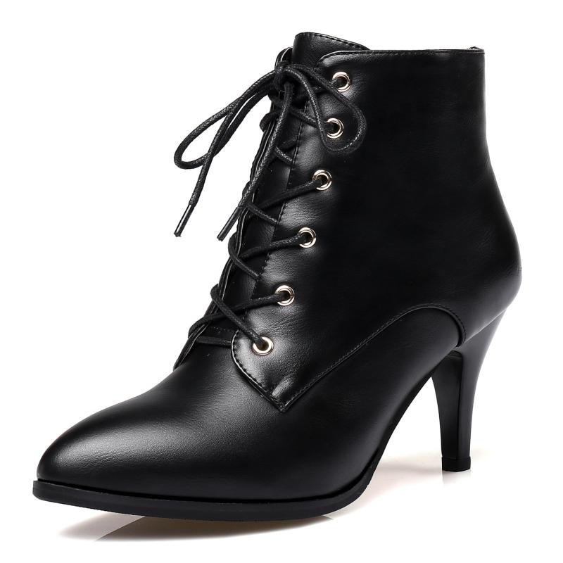Red Short Boots Shoes Autumn Spring Women's Ankle Boot Black Point Toe Lace-up High Heels Party Dance Shoes Ladies Large Size