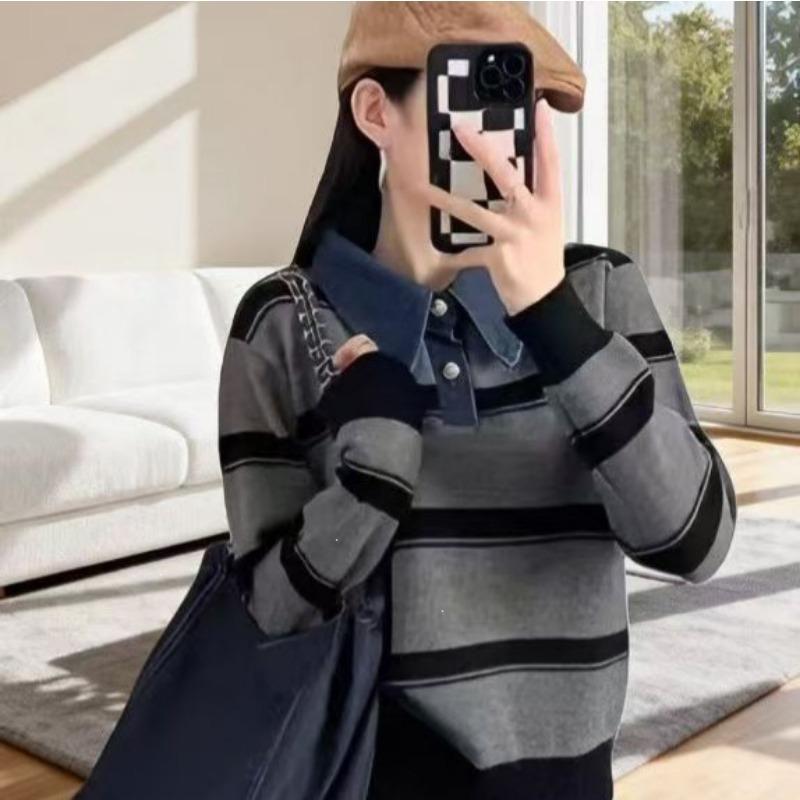Women S Korean Retro Color Block Striped Pullover Sweater