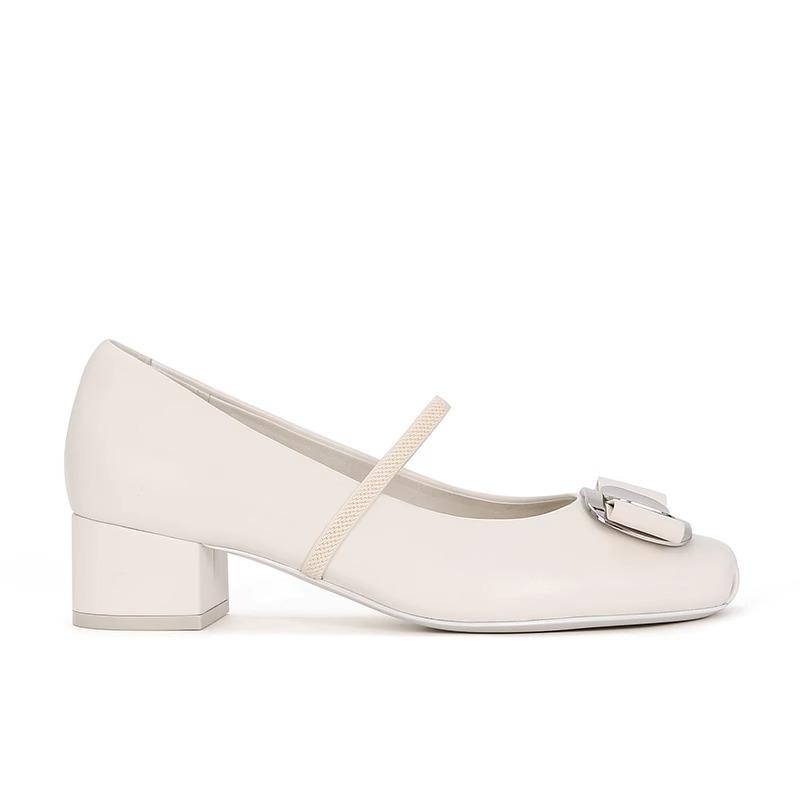 Cowhide Version~ Hepburn Daughter Square Head Bow Thick Heel Mary Jane Shoes Women's Single Shoes Flat Ballet Shoes
