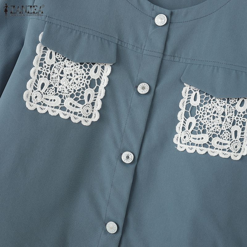 ZANZEA Women Casual Round Neck Loose Lace Splice Loose Blouse