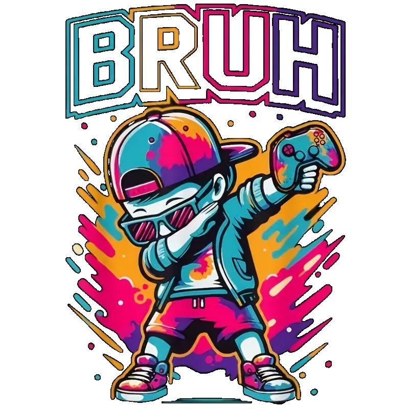 Black T Shirt with Colorful Cartoon Character and Bruh Text Graphic for Casual Wear