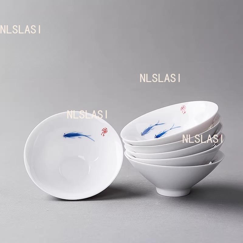 6pcs 30ml Ceramic Tea Cup Set Hand Drawn Small Fish Hat Cup Jingdezhen Blue and White Tea Cup Chinese Style Drinking Utensils