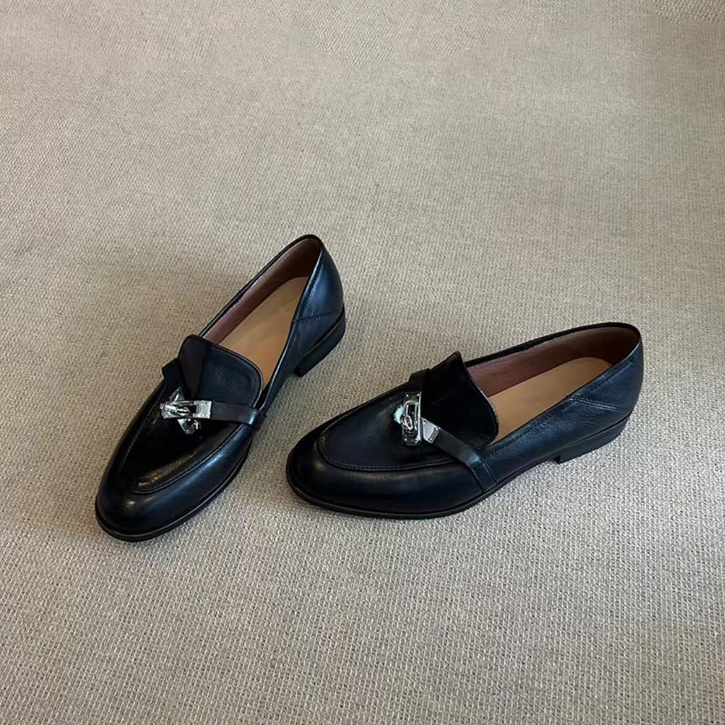 Sheepskin version~ Genuine leather retro horseback buckle loafers women's flat single shoes lazy people pedal British style small leather shoes