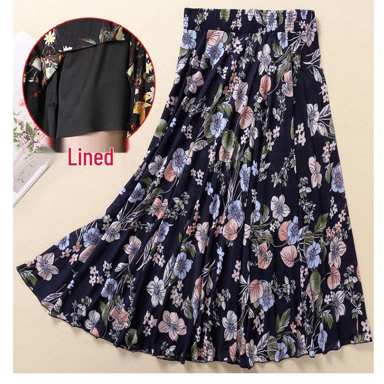 Women's Summer Midi Skirt with Lining - Elegant Swing Ice Silk for Middle-Aged and Elderly