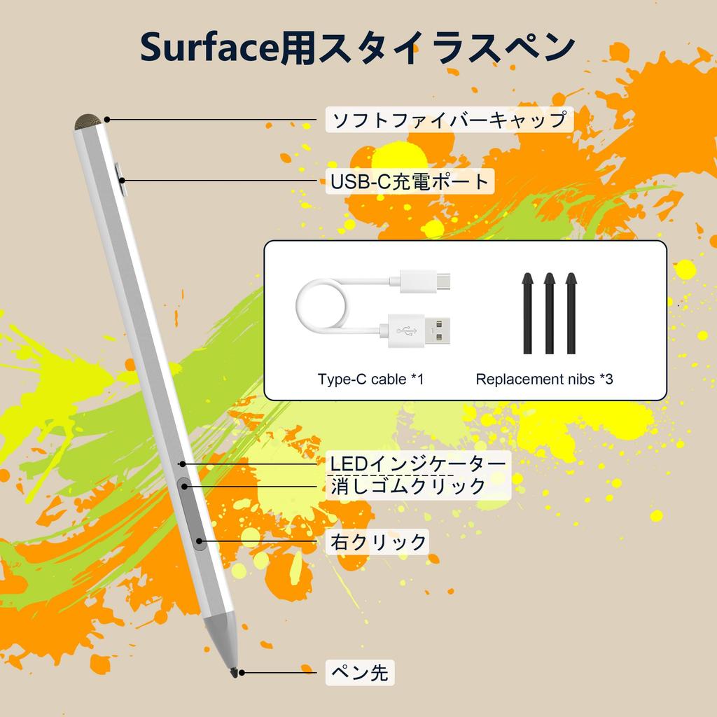 Surface Pen for Surface Windows Touch Pen with Magnetic Attachment, 4096 Pressure Sensitivity, Palm Rejection, Right Click, Eraser, Auto-Off, Type-C F