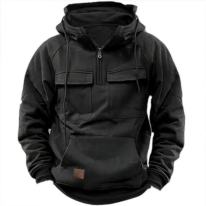 

Spring and Autumn Half Zipper Men s Hoodies Solid Warm Fleece Sweatshirts Multi Pockets Male Hooded Jackets Thick Outdoor Hoodie Jacket M чёрный