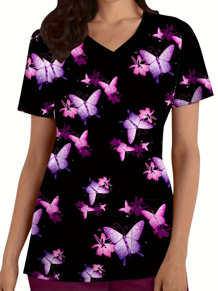 Fashion butterfly Short-Sleeve TShirt Commuting Work V-Neck Top Short Sleeves Woman