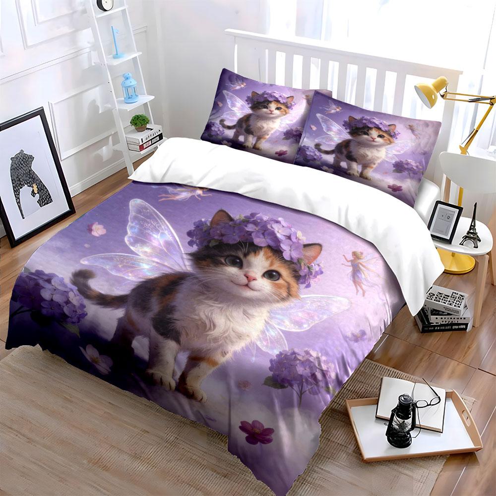Whimsical Fairy Cat Decor Set  Kid'S And Adults' Bedroom Decor, Exquisite Three-Piece Bedding Set Gift