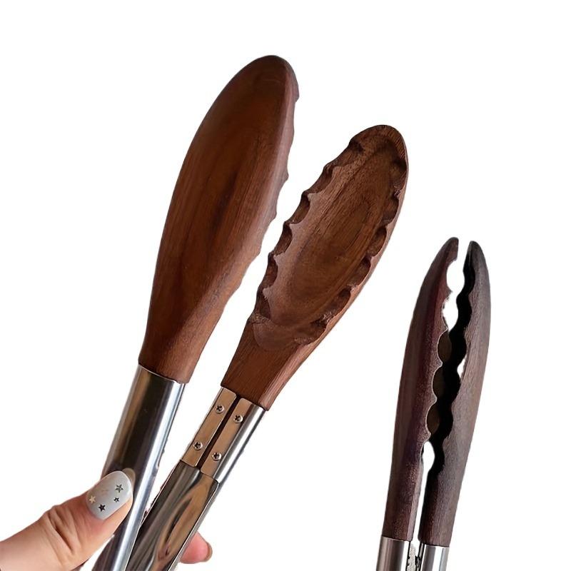 1pc Heavy Duty Stainless Steel Kitchen Tongs Non-Scratch Heat Resistant with Wooden Handle for BBQ Serving Flipping Cooking