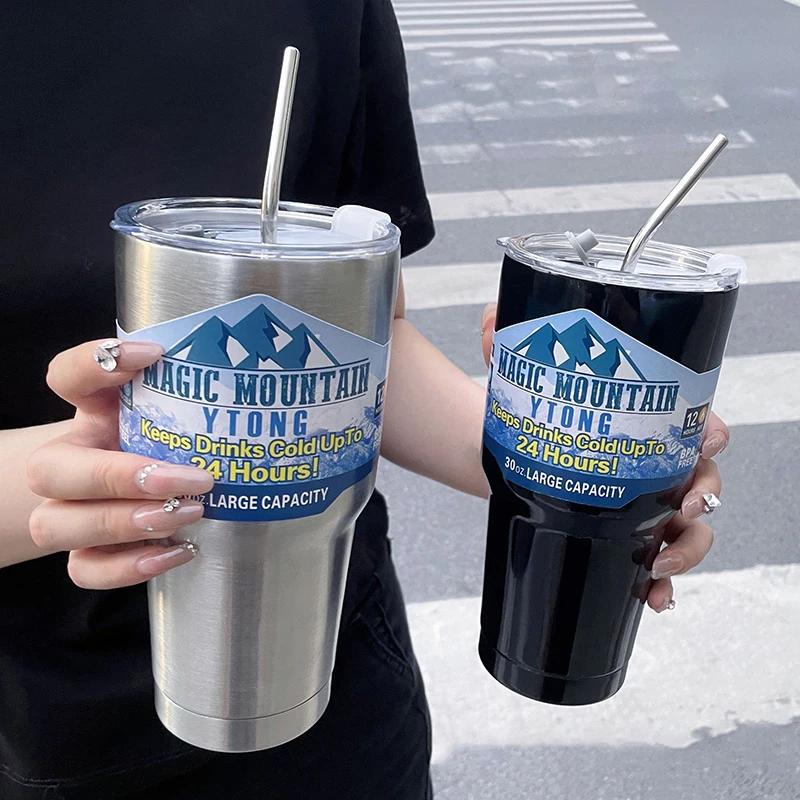 Magic Stainless Steel Freeze Thermos Cup with Straw Ice Coffee Drink Vacuum Insulated Bottle Car Travel Outdoor Mountain Cup