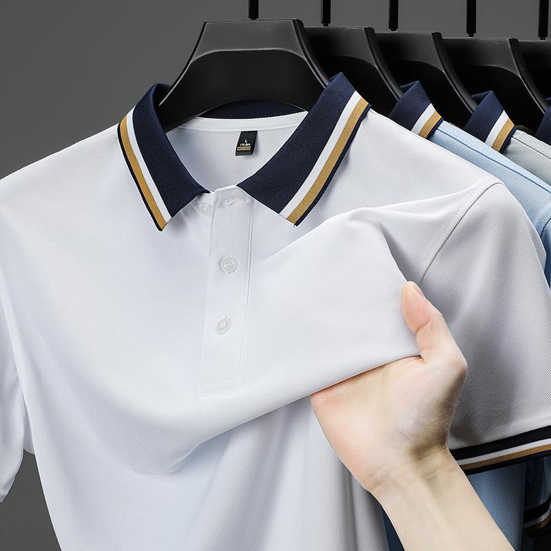Luxury Fashion Short Sleeve Polo Shirt Men Summer High-end Ice Silk Breathable Personality Striped Color Matching Lapel T-shirt